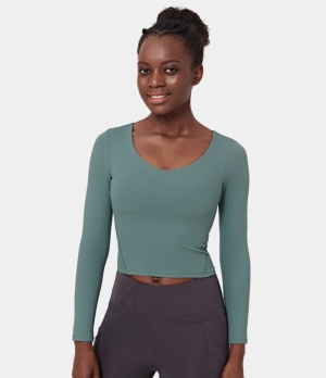 Halara Scoop Neck Long Sleeve Sports Women's Tops Stone Blue | GOZTAQX-91