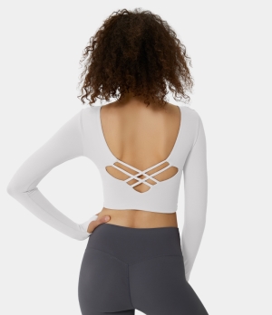 Halara Scoop Neck Thumb Hole Backless Crisscross Cropped Sports Women's Tops White | EYNSFBA-94