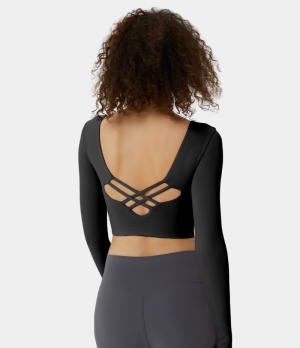 Halara Scoop Neck Thumb Hole Backless Crisscross Cropped Sports Women's Tops Black | TJWSEIU-97