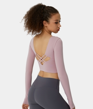 Halara Scoop Neck Thumb Hole Backless Crisscross Cropped Sports Women's Tops Putty Pink | WFNERLD-57