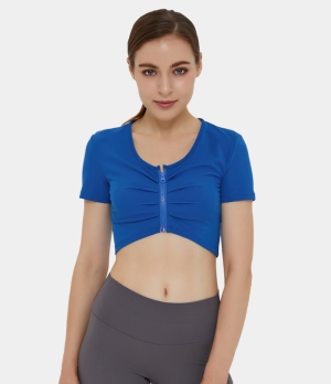 Halara Scoop Neck Zip Front Ruched Short Sleeve Cropped Sports Women's Tops Blue | CWXLRUZ-63