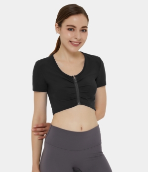 Halara Scoop Neck Zip Front Ruched Short Sleeve Cropped Sports Women's Tops Black | FIZMODP-03