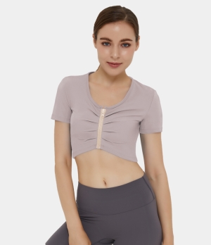 Halara Scoop Neck Zip Front Ruched Short Sleeve Cropped Sports Women's Tops Mink Ash | LOKNZRI-34
