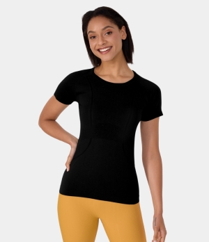 Halara Seamless Flow Breathable Round Neck Casual Sports Women's Tops Black | KVGQZTB-29