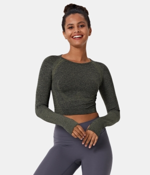 Halara Seamless Flow Breathable Thumb Hole Cropped Sports Women's Tops Midnight Green | GBPXJKT-36