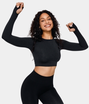 Halara Seamless Flow Breathable Thumb Hole Cropped Sports Women's Tops Deep Dark Blue | GSVHQLY-01