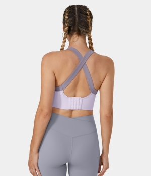 Halara Seamless Flow Color Block Backless Crisscross Adjustable Hook Training Sports Bra Women's Tops Taro Purple | JPRZNHG-57