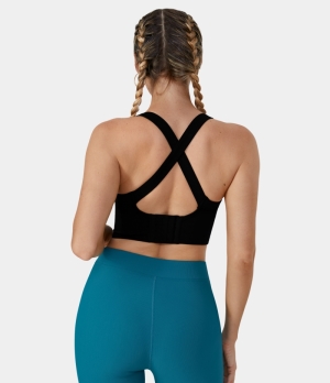 Halara Seamless Flow Color Block Backless Crisscross Adjustable Hook Training Sports Bra Women's Tops Black | QYLKDBW-68