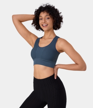 Halara Seamless Flow Cut Out Patchwork Yoga Sports Bra Women's Tops Ensign Blue | BUVOHNK-85