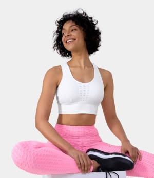 Halara Seamless Flow Cut Out Patchwork Yoga Sports Bra Women's Tops White | FLGMPYR-78