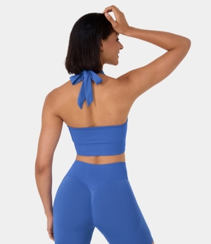 Halara Seamless Flow Halter Tie Back Yoga Sports Bra Women's Tops Palace Blue | OBEQUVK-36