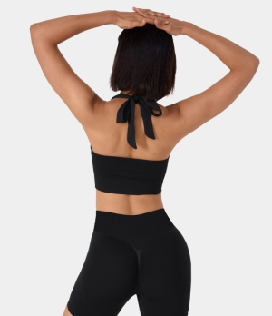 Halara Seamless Flow Halter Tie Back Yoga Sports Bra Women's Tops Black | UVASKIF-68