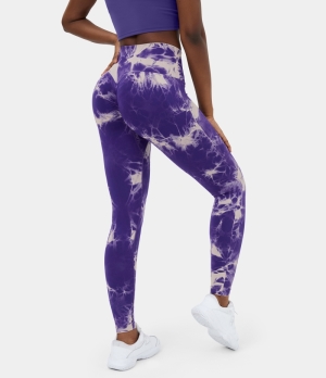 Halara Seamless Flow High Waisted Ruched Butt Lifting Tie Dye Yoga 7/8 Women's Leggings Tie-dye Purple | 407251-USH