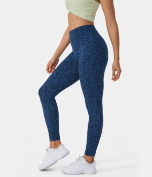 Halara Seamless Flow High Waisted Ruched Leopard Print Yoga Women's Leggings Indigo Blue | 642139-ZGJ