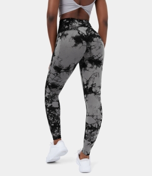 Halara Seamless Flow High Waisted Ruched Butt Lifting Tie Dye Yoga 7/8 Women's Leggings Tie-dye Black Grey | 701243-IPK