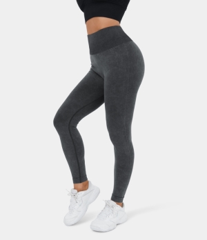 Halara Seamless Flow High Waisted Ruched Washed Yoga 7/8 Women's Leggings Washed Black | 908546-ACO