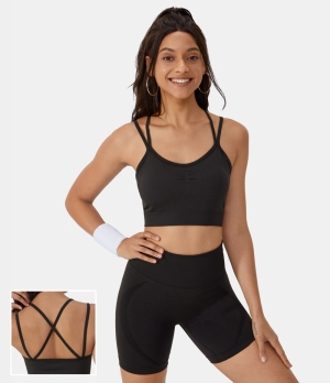 Halara Seamless Flow Low Support Double Straps Backless Crisscross Ruched Sports Bra Women's Tops Black | QVLDFIM-42