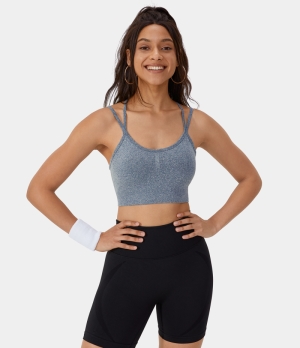 Halara Seamless Flow Low Support Double Straps Backless Crisscross Ruched Sports Bra Women's Tops Teal | VBNKFPH-62