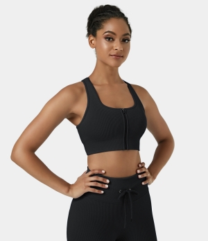 Halara Seamless Flow Low Support Ribbed Knit Zip Front Sports Bra Women's Tops Black | ASYNCJP-95