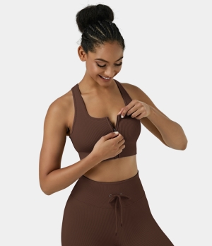 Halara Seamless Flow Low Support Ribbed Knit Zip Front Sports Bra Women's Tops Coffee | NBTHJAP-72