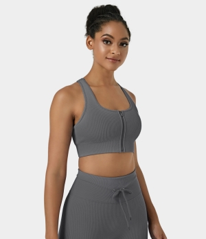 Halara Seamless Flow Low Support Ribbed Knit Zip Front Sports Bra Women's Tops Grey | RKHALEY-43