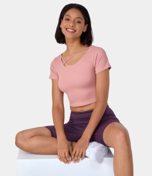 Halara Short Sleeve Crisscross Cut Out Cropped Yoga Sports Women's Tops Mellow Rose | IMBZPUO-57
