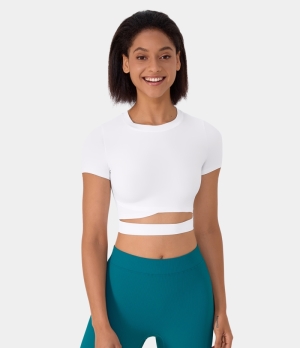 Halara Short Sleeve Cut Out Cropped Yoga Sports Women's Tops White | HXKFNSO-65