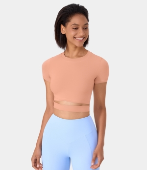 Halara Short Sleeve Cut Out Cropped Yoga Sports Women's Tops Coral Cloud | NMGIDFK-10