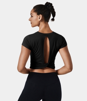 Halara Short Sleeve Cut Out Twisted Sports Women's Tops Black | CUIKWMH-90
