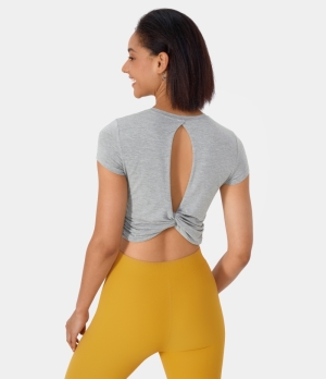 Halara Short Sleeve Cut Out Twisted Sports Women's Tops Quarry | KOJTMQI-49