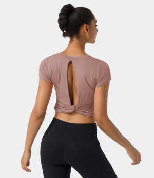 Halara Short Sleeve Cut Out Twisted Sports Women's Tops Toadstool | UFLAKNI-91