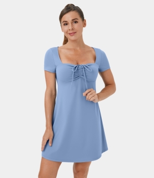 Halara Short Sleeve Drawstring Ruched Casual Mini Women's Dress Bel Air Blue | 371496-JRP
