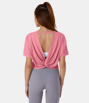 Halara Short Sleeve Twisted Cut Out Yoga Sports Women's Tops Dianthus | INZBUXK-80