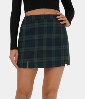 Halara Side Split Plaid Mini Casual Women's Skirts Blue Green Plaid | 524086-ZGD