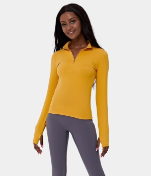 Halara Solid Mock Neck Half Zip Thumb Hole Sports Women's Tops Butterscotch | WCXQDKB-47