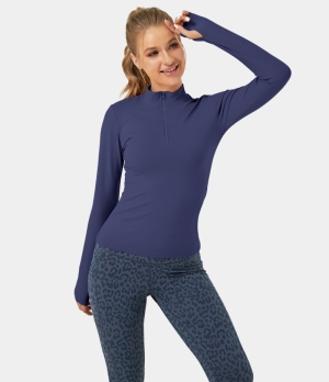 Halara Solid Mock Neck Half Zip Thumb Hole Sports Women's Tops Twilight Blue | WSOCHRV-41