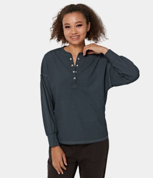 Halara Solid Round Neck Button Front Long Sleeve Women's Tops Space Blue | ISWVRHK-31