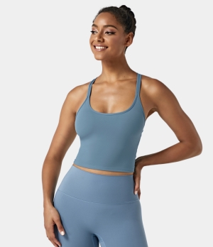 Halara Solid Strappy Workout Cropped Tank Women's Tops Teal | NSDLACR-64