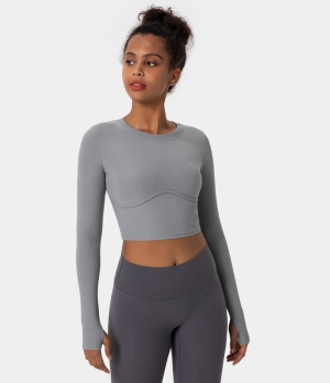 Halara Solid Thumb Hole Cropped Sports Women's Tops Silver | BYLPOVT-65