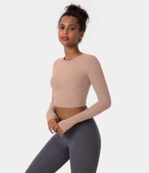 Halara Solid Thumb Hole Cropped Sports Women's Tops Pink Tint | XHKRUFQ-29