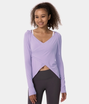 Halara Solid V Neck Hooded Drawstring Long Sleeve Crossover Women's Tops Light Purple | VAECIRU-43