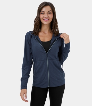 Halara SouffleSoft Hooded Drawstring Zip Front Pocket Casual Sports Sweatshirt Women's Tops Dark Blue | RHKSFNW-13