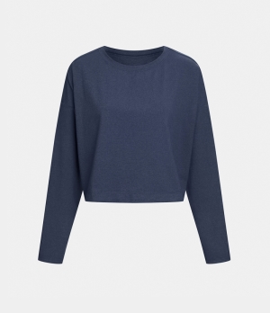 Halara SouffleSoft Round Neck Dropped Shoulder Cropped Relaxed Yoga Sports Women's Tops Dark Blue | KYUTWDG-69