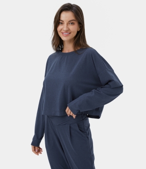 Halara SouffleSoft Round Neck Dropped Shoulder Cropped Relaxed Yoga Sports Women's Tops Dark Blue | OWEUMLI-69