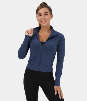 Halara SouffleSoft Zipper Front Side Pocket Cropped Casual Jacket Women's Tops Dark Blue | JZYTCQB-86
