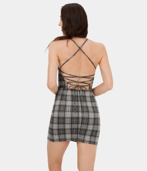 Halara Spaghetti Strap Backless Crisscross Lace Up Plaid Bodycon Mini Casual Women's Dress Dark Grey Plaid | 180437-QPR