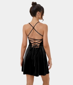 Halara Spaghetti Strap Crisscross Lace Up Velvet Mini Casual Women's Dress Black | 284673-EAN