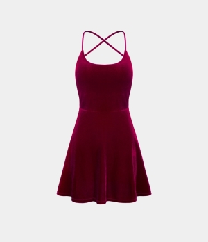 Halara Spaghetti Strap Crisscross Lace Up Velvet Mini Casual Women's Dress Biking Red | 712069-EFQ