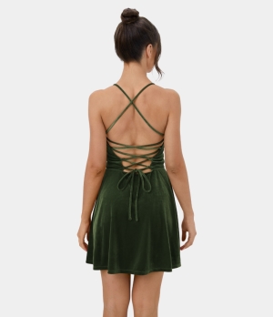 Halara Spaghetti Strap Crisscross Lace Up Velvet Mini Casual Women's Dress Kombu Green | 764980-PCO