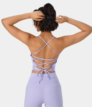 Halara Spaghetti Strap Tie Dye Crisscross Lace Up Cropped Tank Women's Tops Tie-dye Light Purple | MYBGKTH-86